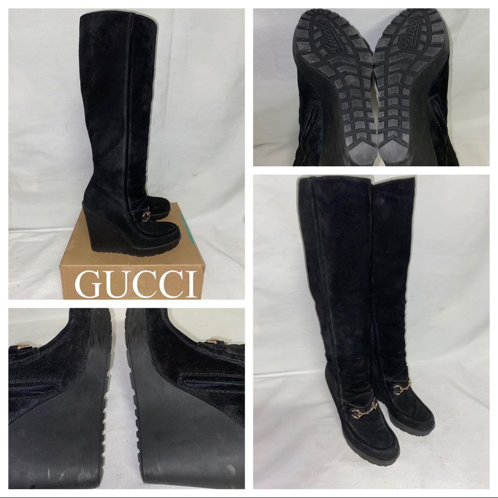GUCCI BLACK TALL WEDGE BOOT HORSEBIT DETAIL Sz 7